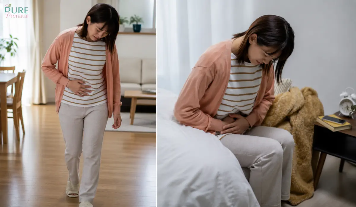Pregnant woman walking while holding her lower abdomen due to sharp abdominal pain during pregnancy