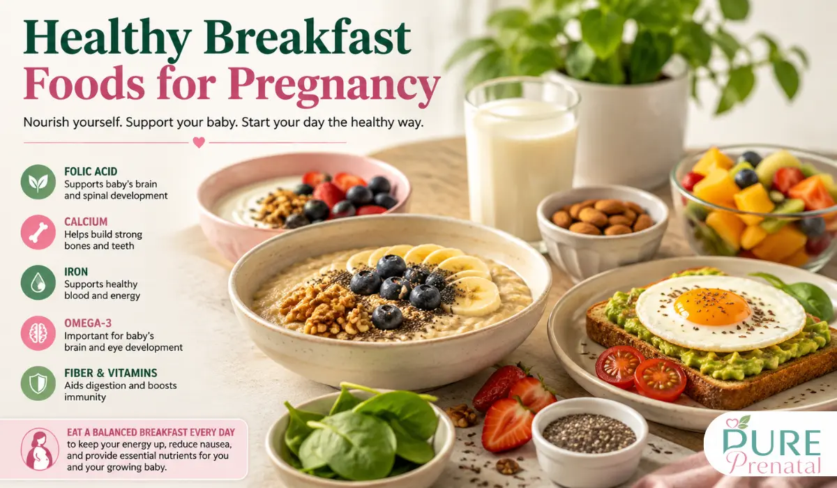 Healthy breakfast foods for pregnancy including oatmeal, eggs, berries, yogurt, avocado toast, nuts, and leafy greens.