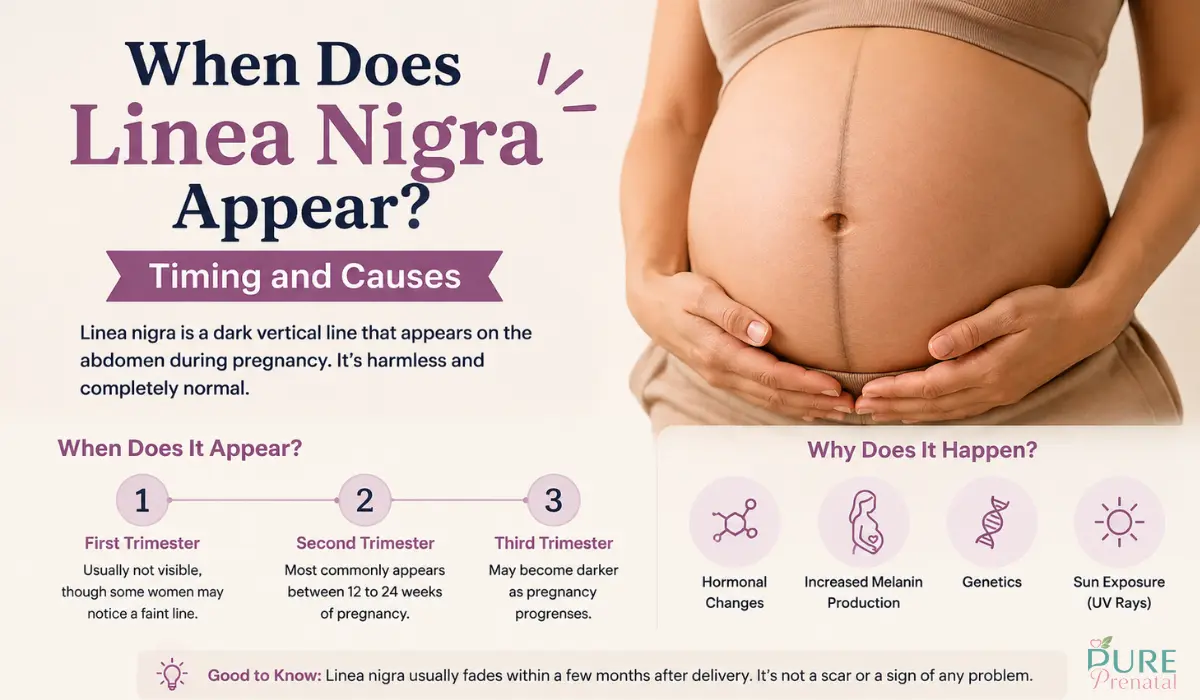 Pregnant woman with a visible linea nigra, showing the dark line on the abdomen that commonly appears during the second trimester due to hormonal changes.