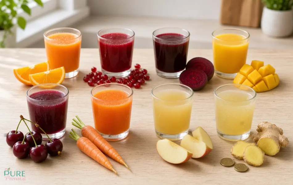 Pregnancy-safe juices including orange, pomegranate, beetroot, mango, carrot, apple, cherry, and ginger juice
